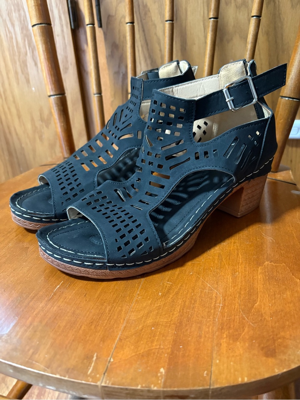 Black Perforated Block Heel Sandals - Women's Comfortable Summer Shoes